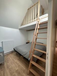 1 dormitorio con litera y escalera en Gite de groupe confortable et lumineux - La ferme de Montigny en Neauphe-sur-Dives