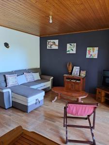 uma sala de estar com um sofá e uma mesa em Le Chalet Kréol em Saint-Joseph