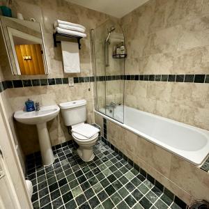 a bathroom with a toilet and a sink and a bath tub at Two Bedroom Flat Town Centre Colchester in Colchester