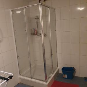 eine Dusche mit Glastür im Bad in der Unterkunft Messeblick 1,2 km, Relax- App "Biene und Hummel" romantisch, Doppelzimmer gut & günstig in Hannover