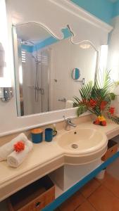 La salle de bains est pourvue d'un lavabo et d'un grand miroir. dans l'établissement TI OASIS Studio vue Mer dans village Pierre & Vacances, à Sainte-Luce