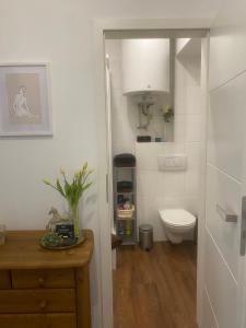 uma pequena casa de banho com WC e lavatório em Apartmán 2+kk, 50 m2 v klidné lokalitě. 10 min od centra Prahy. em Praga
