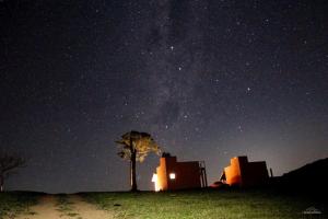 a starry night with a tree in front of buildings at Pousada Colina das Maritacas in São Thomé das Letras