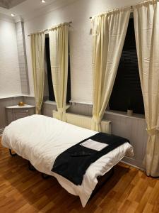 a bedroom with a bed and two windows at Luxury apartment studio in central cardiff in Cardiff