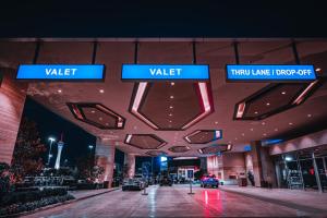 a building with two blue signs on the ceiling at Palace Station Hotel & Casino in Las Vegas