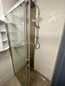 a shower with a glass door in a bathroom at Tiny Ferienhaus Greizer Str 26 in Reichenbach im Vogtland