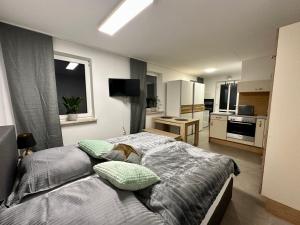 a bedroom with a large bed and a kitchen at Tiny Ferienhaus Greizer Str 26 in Reichenbach im Vogtland