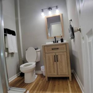 a bathroom with a toilet and a sink and a mirror at 2 bd 2 bath in Fountain Square- 5 Min to Downtown in Indianapolis