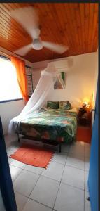 Schlafzimmer mit einem Bett und einem Deckenventilator in der Unterkunft Chambre d'hôte la Calebasse in Sainte-Anne