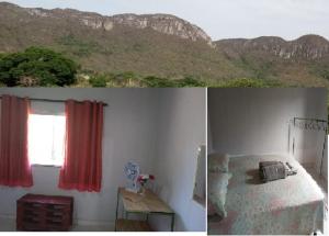 two pictures of a bedroom with a bed and a window at CASA TEMPORADA DONA CECÍLIA in Cavalcante