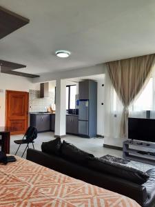 ein Wohnzimmer mit einem Sofa und einer Küche in der Unterkunft Toilcam in Buea