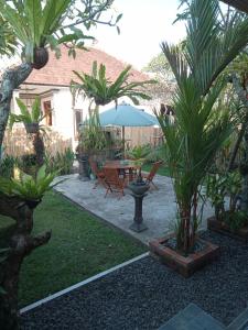 un jardín con mesa, sillas y palmeras en Chida Homestay, en Ubud