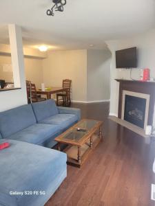 a living room with a blue couch and a fireplace at Private Room 2 in Ottawa