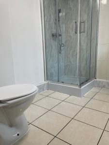 a bathroom with a shower and a toilet at Transformative housing Exeter Road in Nottingham