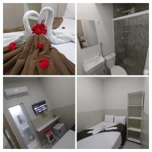 four pictures of a hotel room with a bed and a bathroom at Mini suíte Atitude Maragogi Centro in Maragogi