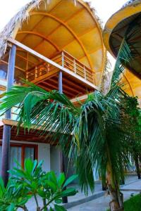 a building with a palm tree in front of it at Kites Mancora in Máncora
