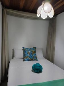 un lit avec un objet bleu au-dessus dans l'établissement Casa de Campo: Sítio Santa Helena-Mendes RJ, à Mendes