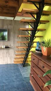 uma escada de madeira num quarto com uma cómoda em Dream Landscape em Ushuaia