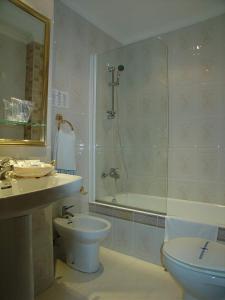 a bathroom with a shower and a toilet and a sink at Hotel Santa Teresa in Ávila