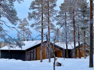 a log cabin in the snow with trees at Villa Alveus - Modern Design villa, 3 bdr in Kolari
