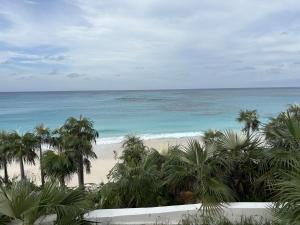 a view of a beach with palm trees and the ocean at Pink Sands Point estate in Governorʼs Harbour