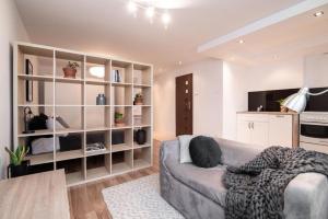 ein Wohnzimmer mit einem grauen Sofa und einer Küche in der Unterkunft Apartament Okrzei in Płock