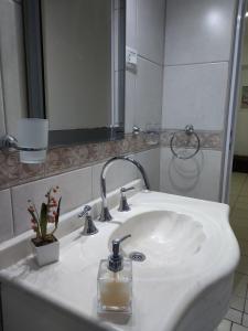 a bathroom sink with a soap dispenser and a mirror at Patagonia Relax- Depto zona céntrica y de servicios de salud in Comodoro Rivadavia