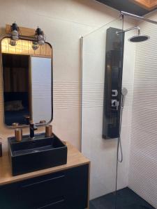 bagno con lavandino nero e specchio di Le Chalet du Domaine a La Saline Le Bains