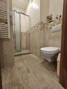 a bathroom with a toilet and a glass shower at Helen Homestay Andel Prague in Prague