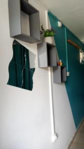 a room with a green and white wall with shelves at Le Caferoom Club in Tsingoni