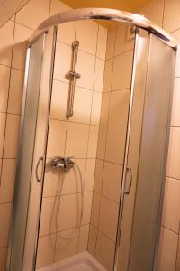 a shower with a glass door in a bathroom at Śleboda wynajem pokoi Ewa Satoła in Biały Dunajec
