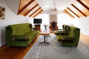 a living room with green couches and a television at Holiday home Jarzębinowa in Rowy