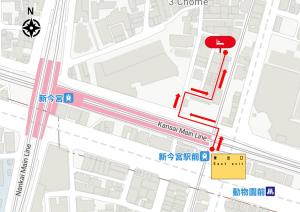 een kaart met de locatie van de Komachi Mall Line bij Seiryu 通天閣 in Osaka