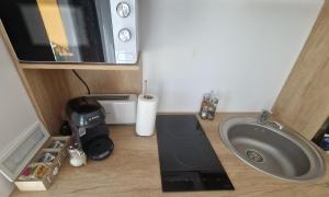 a bathroom counter with a sink and a mirror at Ap CALAS , No1 2A Etajul 1, AC, Free Parking in Râşnov