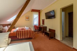 Schlafzimmer mit einem Bett, einem Schreibtisch und einem TV in der Unterkunft Hotel Störtebeker in Graal-Müritz