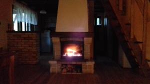 a fireplace in the middle of a room at EKOLANDIA domek w lesie na wyłączność in Tuszkowy