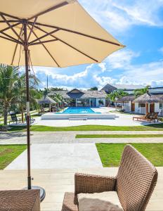 莫阿爾博阿的住宿－Treeshade Resort & Spa Moalboal，一个带遮阳伞和椅子的庭院和一个游泳池