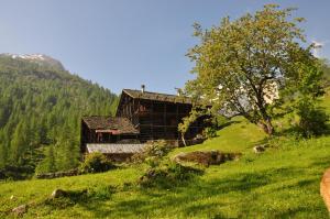 a log cabin on a hill in a green field at Baita Prato Della Croce in Riva Valdobbia