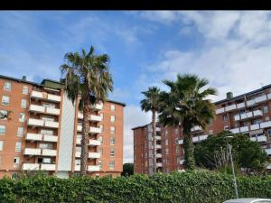 two palm trees in front of tall buildings at Apartment near the beach and Port Marina of Premia in Premiá de Mar
