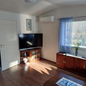 uma sala de estar com uma televisão de ecrã plano e uma janela em Mesijäinen em Pyhäjärvi