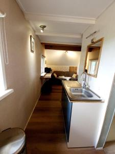 a small kitchen with a sink and a counter top at Bed en stal 'Het Woudhuisje' in Ryptsjerk