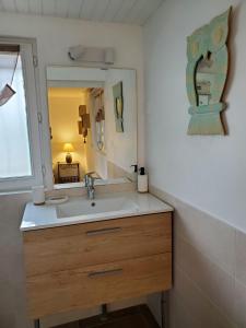 a bathroom with a sink and a mirror at l'oustal dels amics in Saint-Pierre-de-Rivière