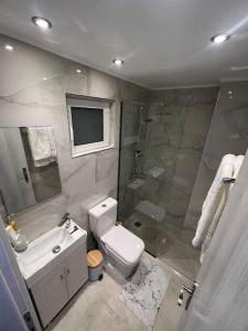 a bathroom with a toilet sink and a shower at Ikarus Rhodes Center in Rhodes Town