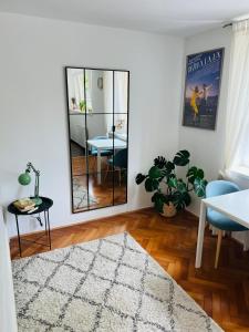 - un salon avec un miroir et une table dans l'établissement Paula’s cosy place in the center of Ljubljana, à Ljubljana