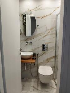 a bathroom with a sink and a toilet and a mirror at Kentrikon Guest House in Xanthi