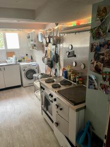 a kitchen with a stove and a washing machine at Cozy Room in an old Farmhouse near Vaduz in Sevelen