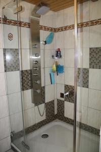 um chuveiro com porta de vidro em um banheiro em Chalet Bodenbrücke em Eisten