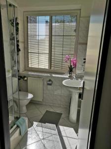 a bathroom with a sink and a toilet and a window at ZLATÁ-ÉRA in Ostrava