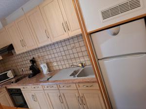 a kitchen with a sink and a white refrigerator at Studio proche de Perpignan in Peyrestortes