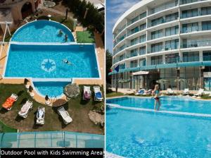 duas fotografias de uma piscina ao lado de um hotel em Colosseum 2 Aparthotel em Sunny Beach